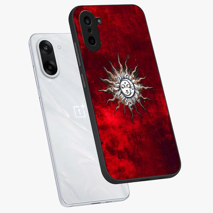Cosmic Twin Eclipse Glass Case for 1+Nord CE 5 angled mockup showcasing glossy finish and bold celestial contrast