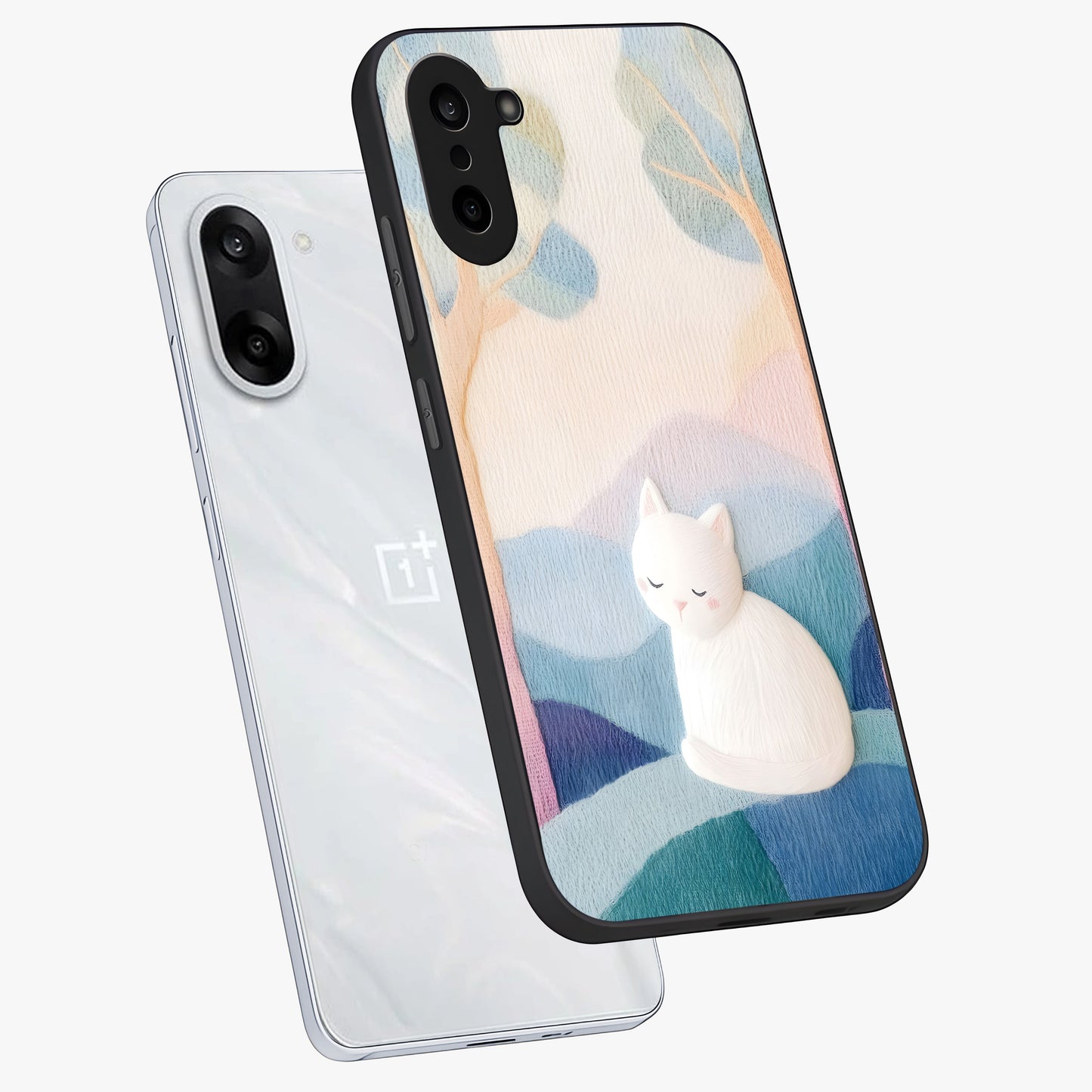 Cotton Dream Cat Glass Case for 1+Nord CE 5 angled mockup showcasing glossy glass finish and cozy aesthetic design