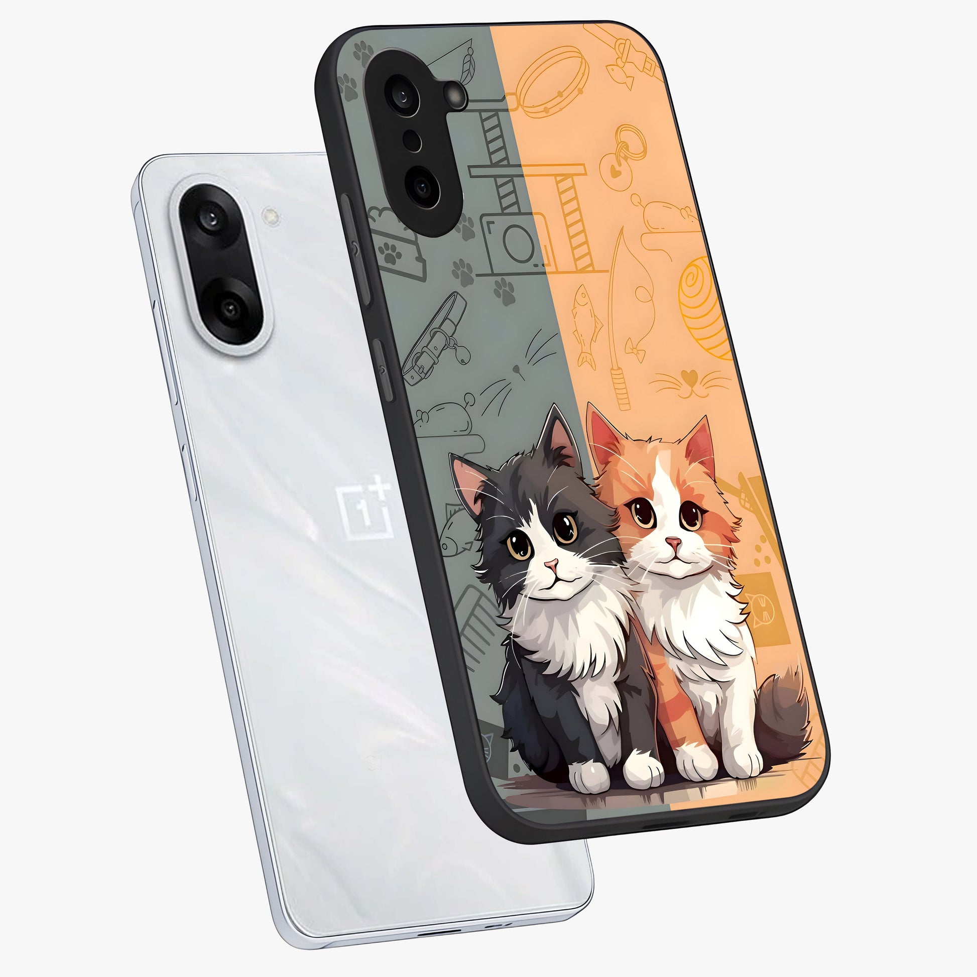 Cozy Cat Duo Glass Case for 1+Nord CE 5 angled mockup showcasing glossy finish and charming pastel tones