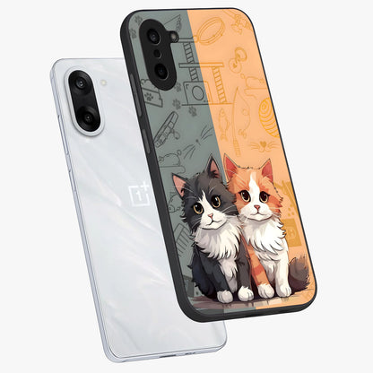Cozy Cat Duo Glass Case for 1+Nord CE 5 angled mockup showcasing glossy finish and charming pastel tones