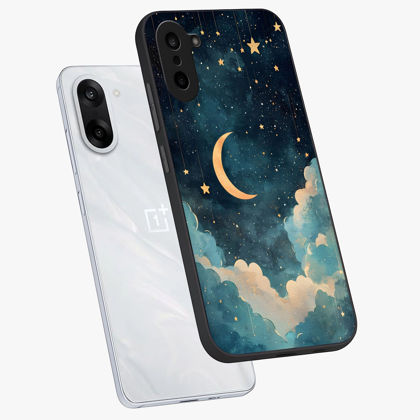 Crescent Galaxy Moon Glass Case for 1+Nord CE 5 angled mockup showcasing glossy finish and glowing galaxy tones