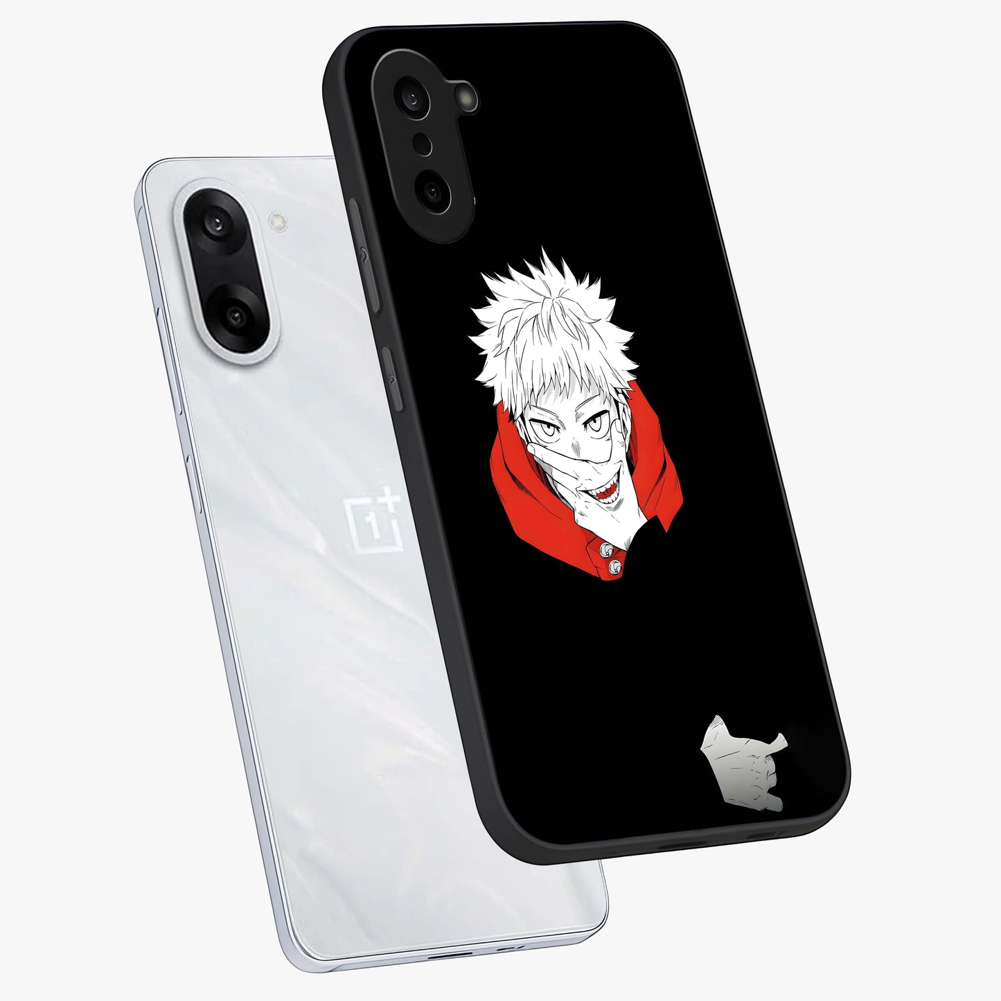 Crimson Chaos Smile Glass Case for 1+Nord CE 5 angled mockup showcasing glossy finish and dramatic red detailing