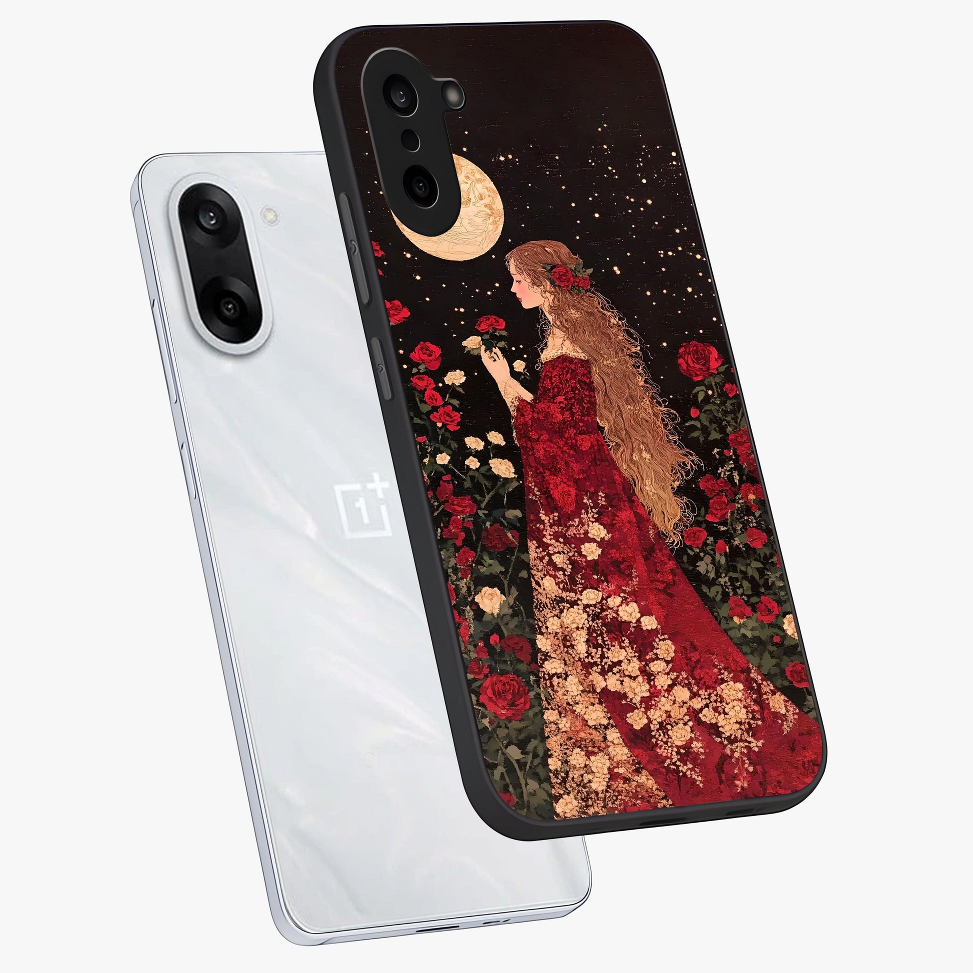 Crimson Dreams Glass Case for 1+Nord CE 5 angled mockup showcasing glossy finish and deep crimson gradients