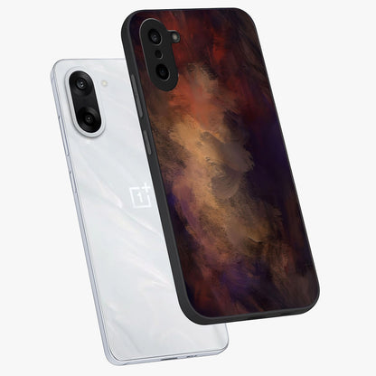 Crimson Dusk Whirl Glass Case for 1+Nord CE 5 angled mockup showcasing glossy finish and bold abstract motion design