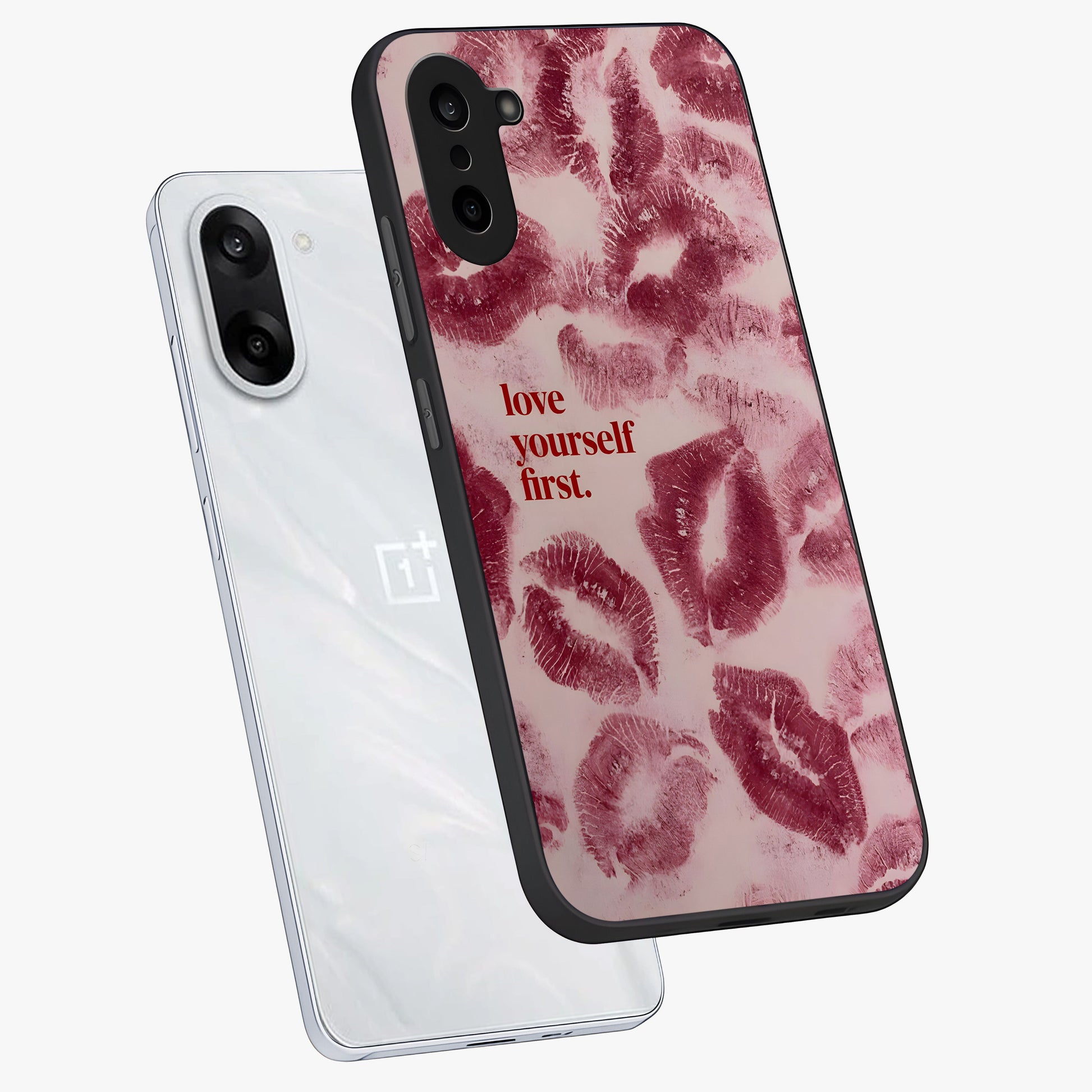 Crimson Kiss Love Glass Case for 1+Nord CE 5 angled mockup showcasing glossy glass finish and rich red tones
