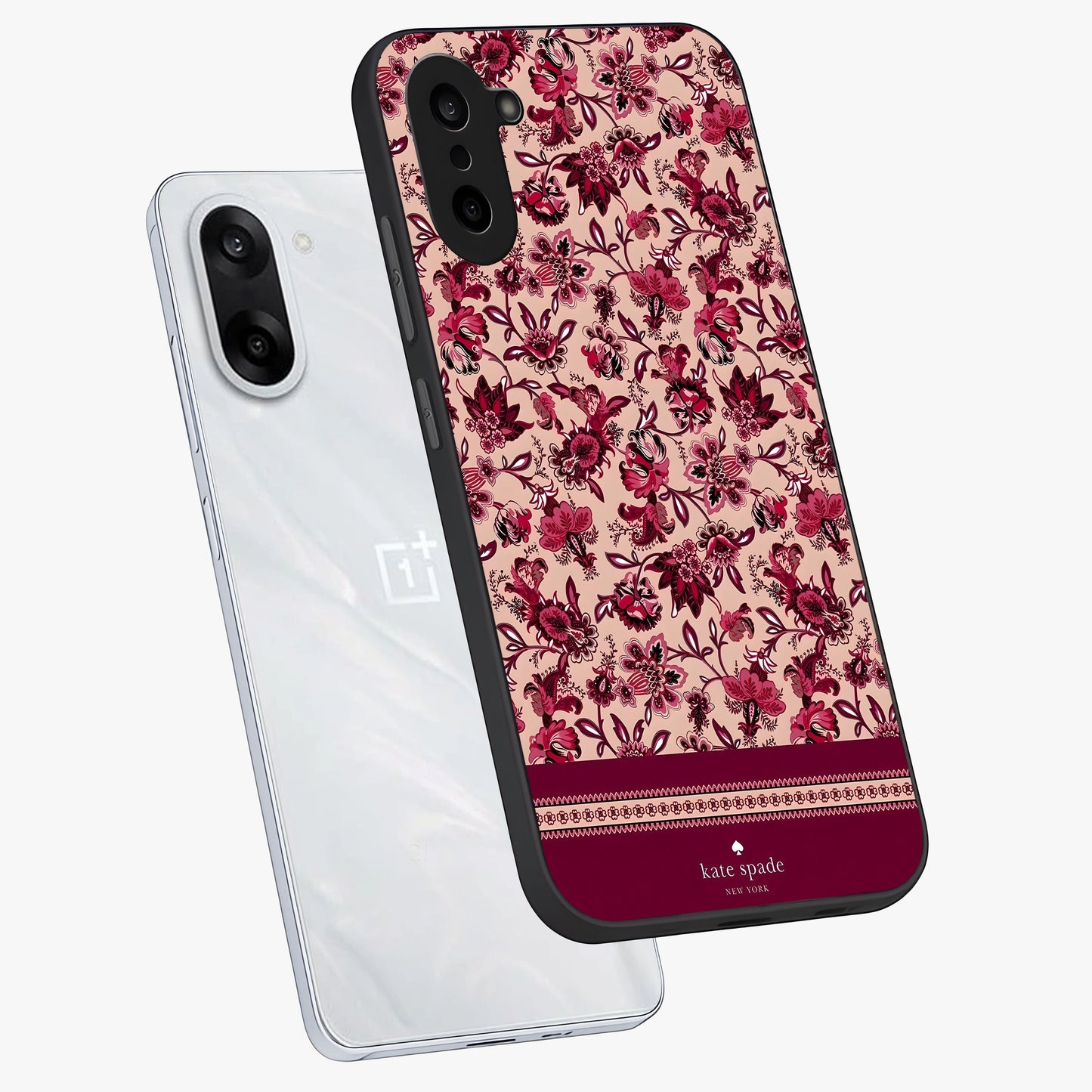 Crimson Rose Charm Glass Case for 1+Nord CE 5 angled mockup showcasing glossy finish and romantic floral detailing