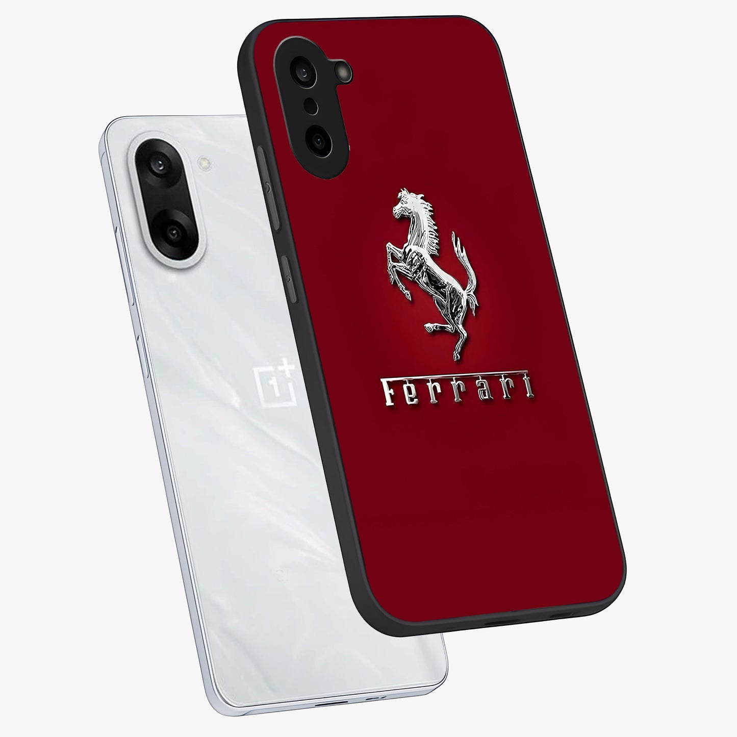 Crimson Stallion Prestige Glass Case for 1+Nord CE 5 angled mockup showcasing glossy finish and bold equestrian detailing