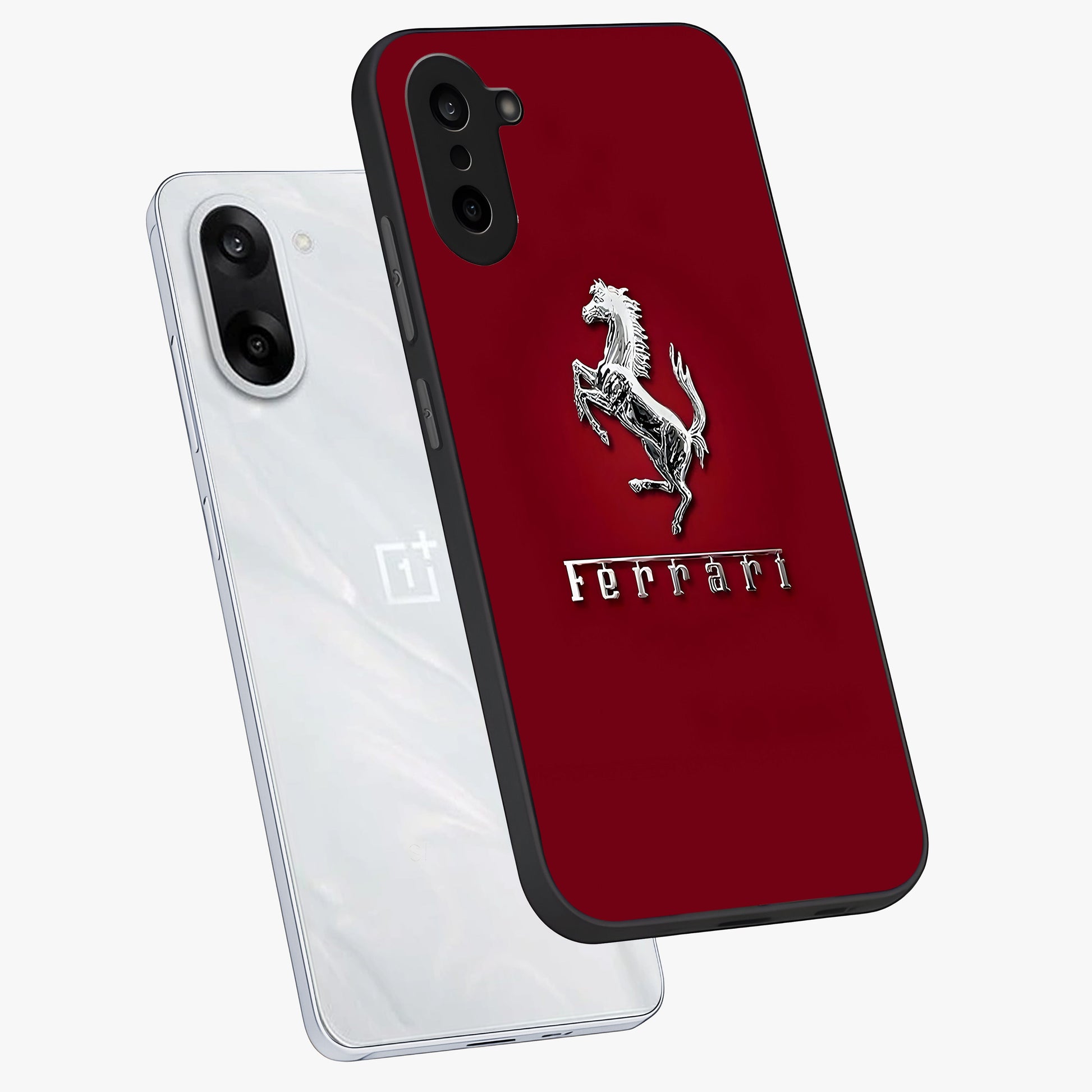 Crimson Stallion Prestige Glass Case for 1+Nord CE 5 angled mockup showcasing glossy finish and bold equestrian detailing