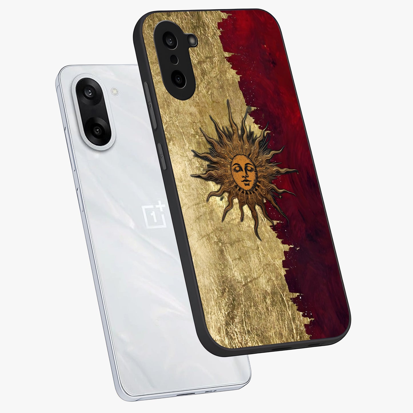 Crimson Sun Majesty Glass Case for 1+Nord CE 5 angled mockup showcasing glossy finish and majestic celestial tones