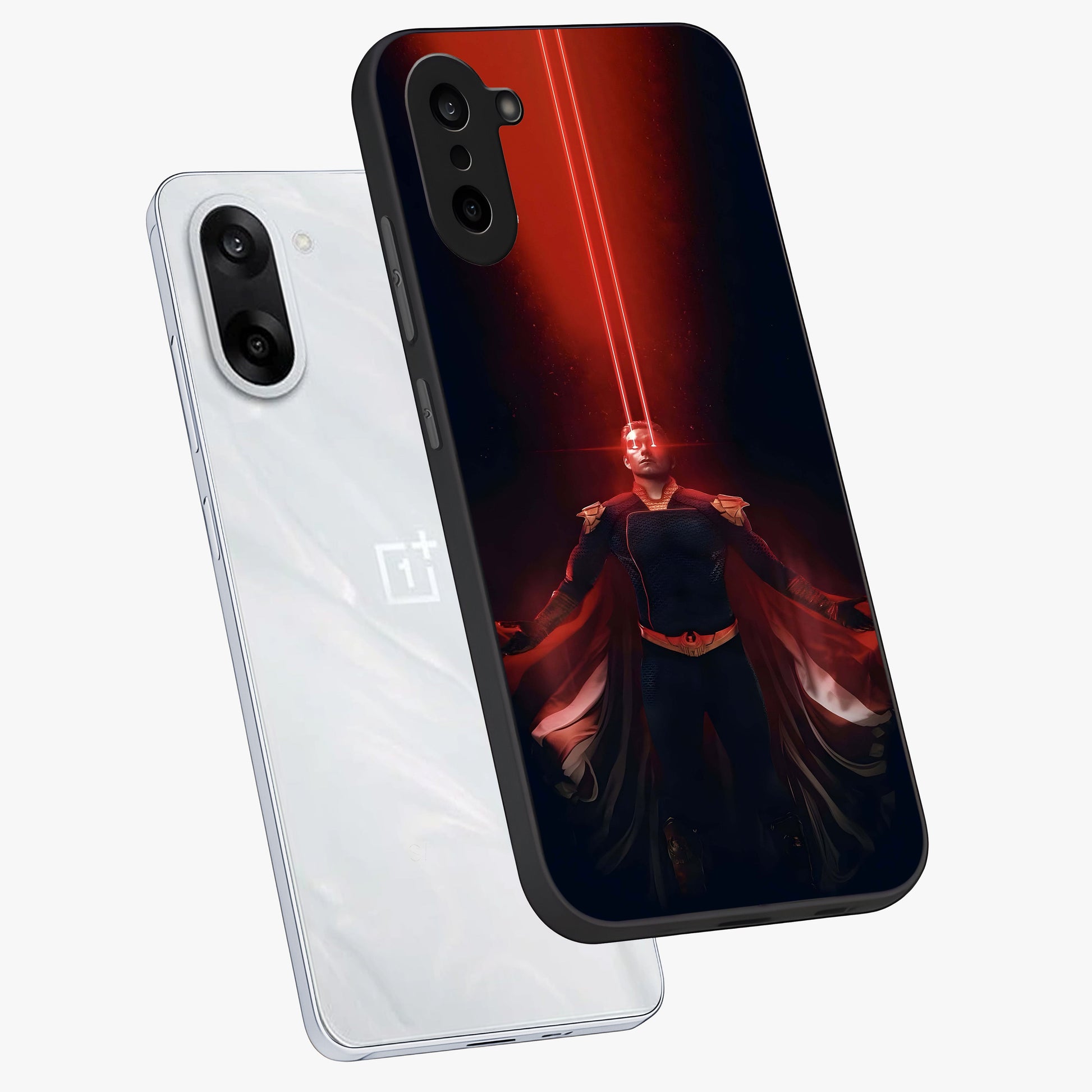 Crimson Vision Ascension Glass Case for 1+Nord CE 5 angled mockup showcasing glossy finish and dramatic artistic detailing