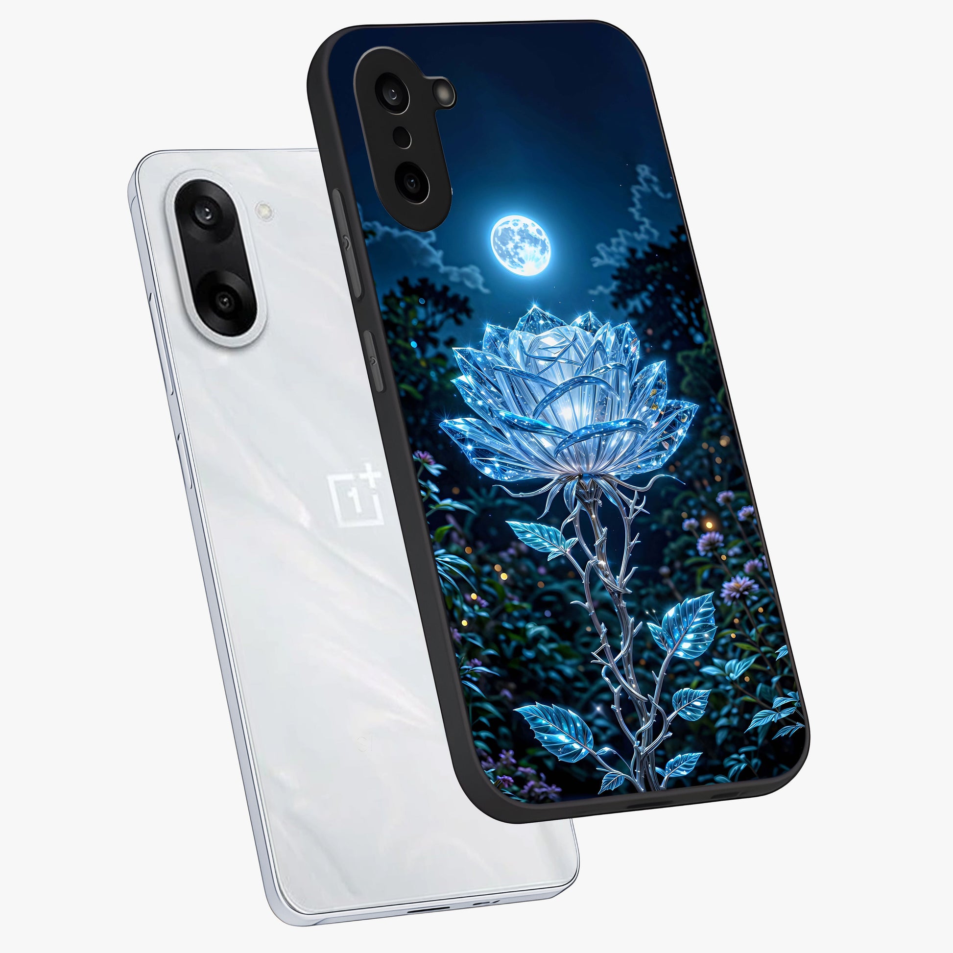 Crystal Moon Lotus Glass Case for 1+Nord CE 5 angled mockup showcasing glossy glass finish and luminous floral detailing