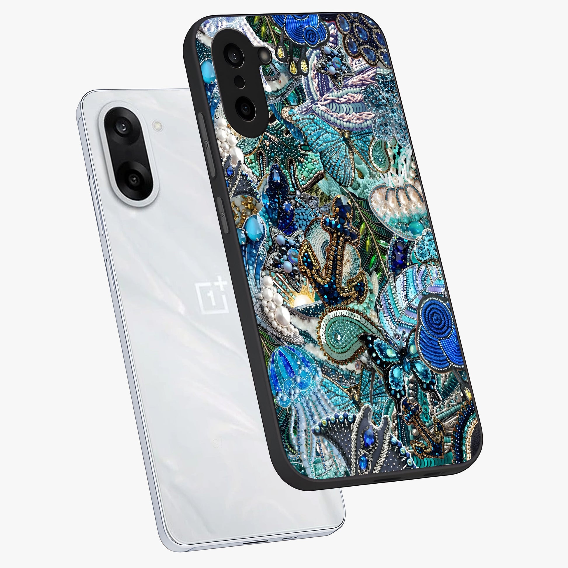 Crystal Ocean Magic Glass Case for 1+Nord CE 5 angled mockup showcasing glossy finish and flowing aqua tones