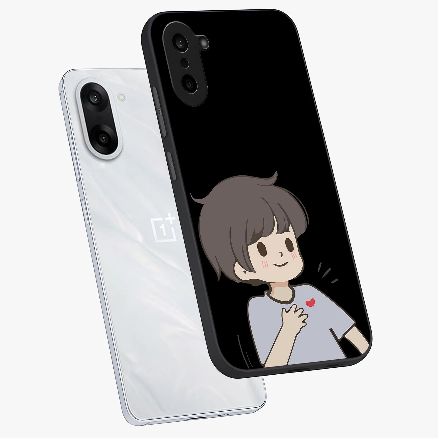 Cute Boy Heart Reaction Glass Case for 1+Nord Ce 5 angled mockup showcasing glossy finish and vibrant pastel tones