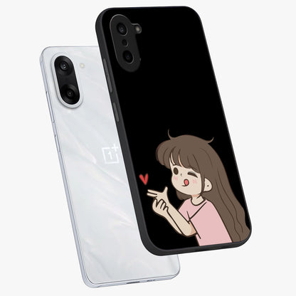 Cute Girl Firing Heart Glass Case for 1+Nord CE 5 angled mockup showcasing glossy finish and lively character detailing