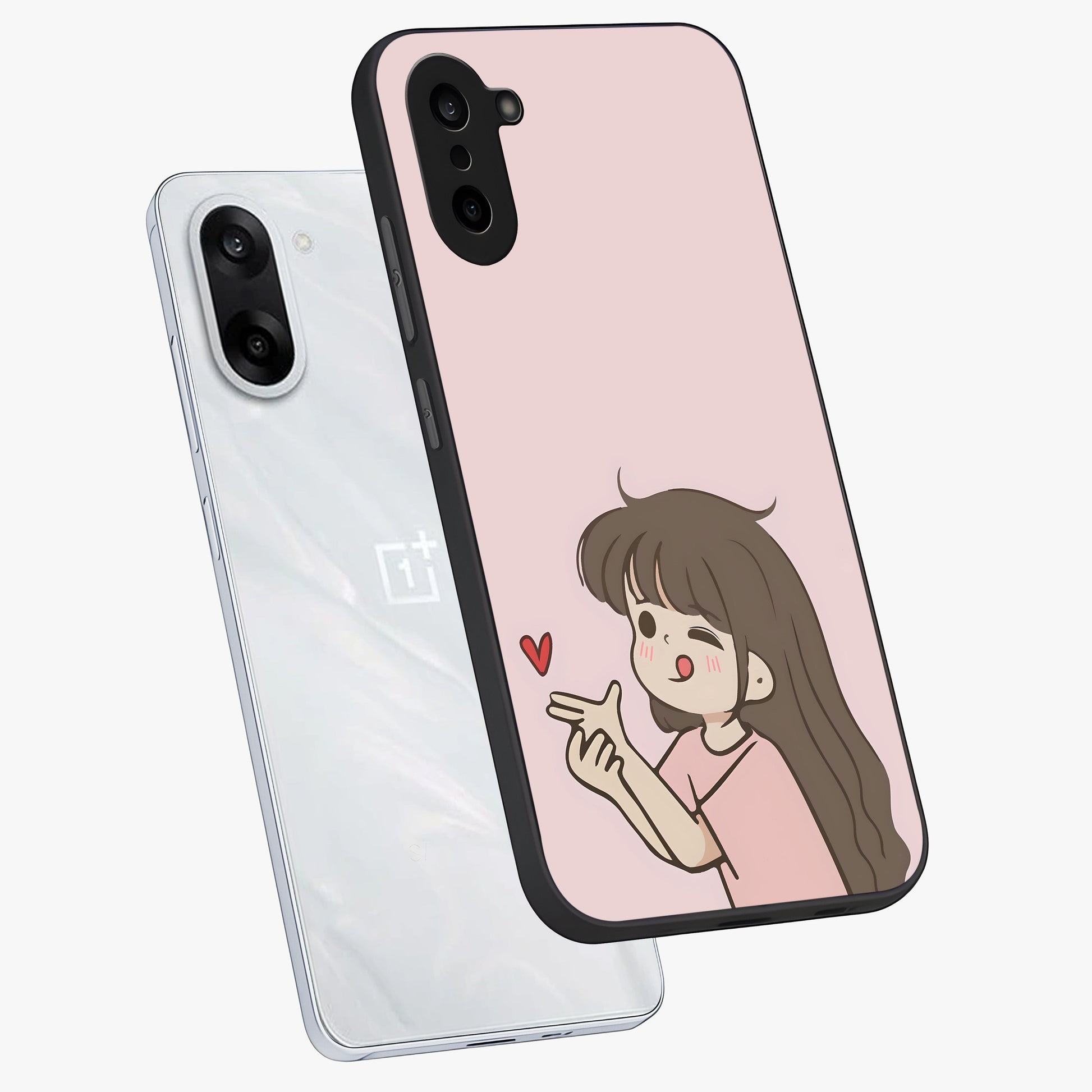 Cute Kiss Heart Glass Case for 1+Nord CE 5 angled mockup showcasing glossy finish and soft pastel tones