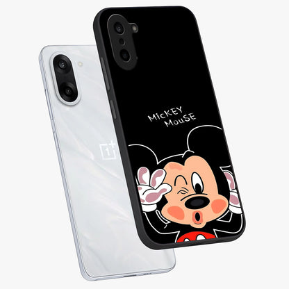 Cute Mickey Love Glass Case for 1+Nord CE 5 angled mockup showcasing glossy finish and vibrant character detailing