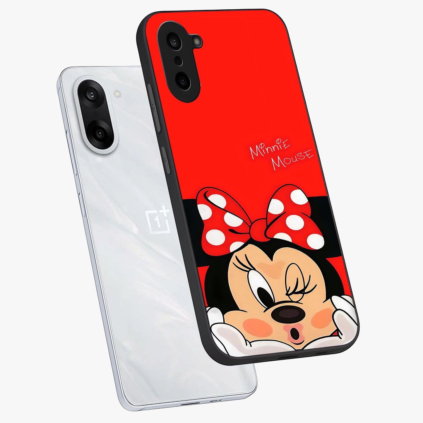 Cute Minnie Love Glass Case for 1+Nord CE 5 angled mockup showcasing glossy glass finish and vibrant character detailing