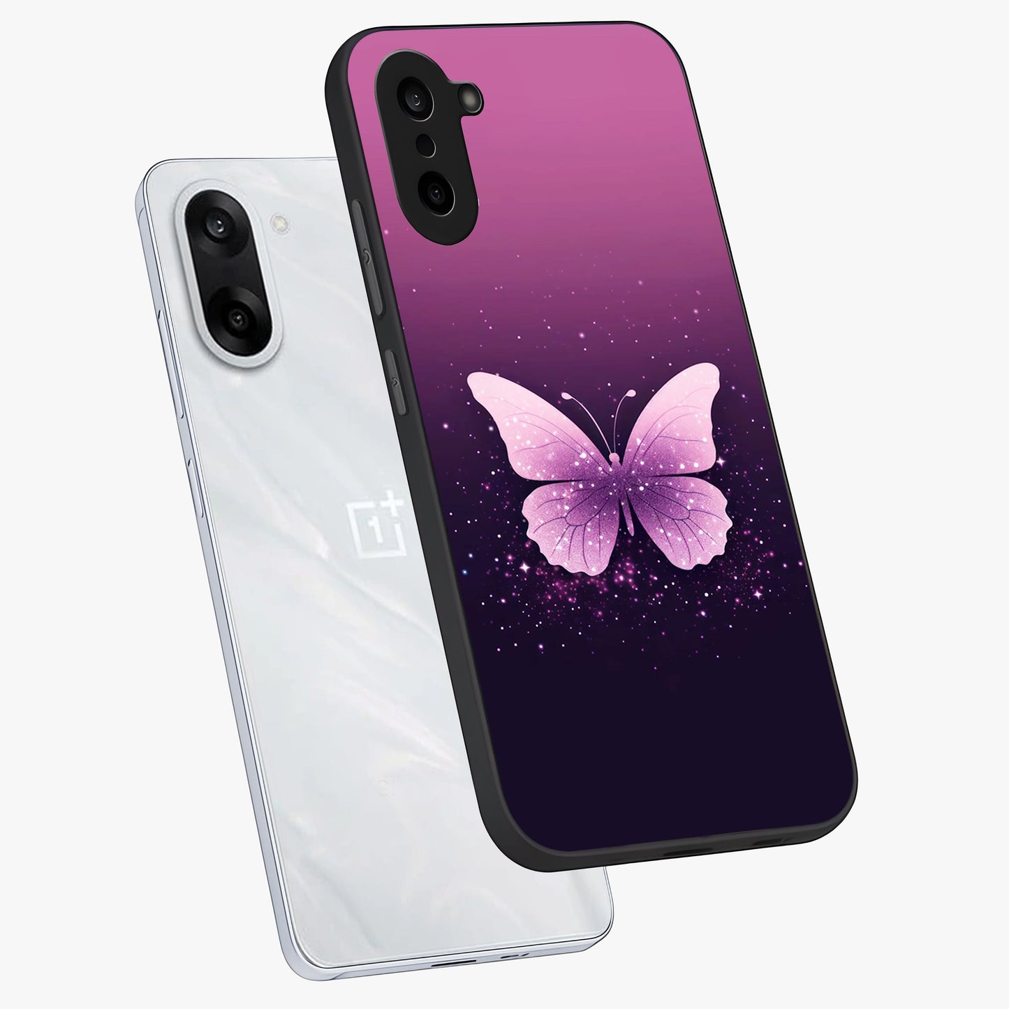 Cute Starry Butterfly Glass Case for 1+Nord CE 5 angled mockup showcasing glossy finish and celestial pastel tones