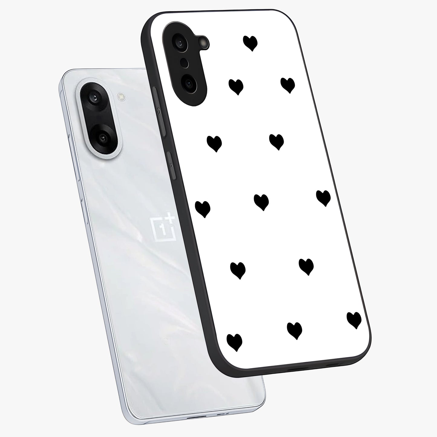 Cute Simple black Hearts Glass Case for 1+Nord CE 5 angled mockup showcasing glossy finish and bold shadow detailing