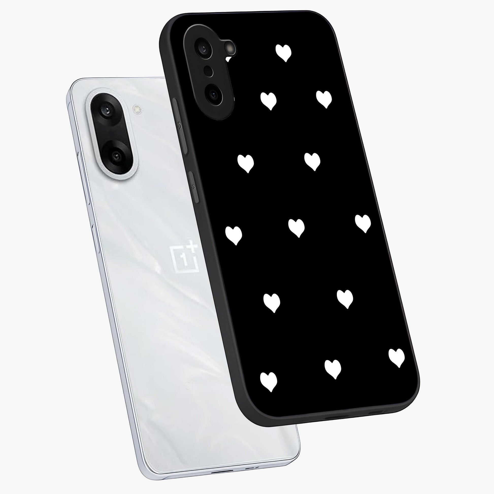 Cute Simple White Hearts Glass Case for 1+Nord CE 5 angled mockup showcasing glossy finish and bold shadow detailing