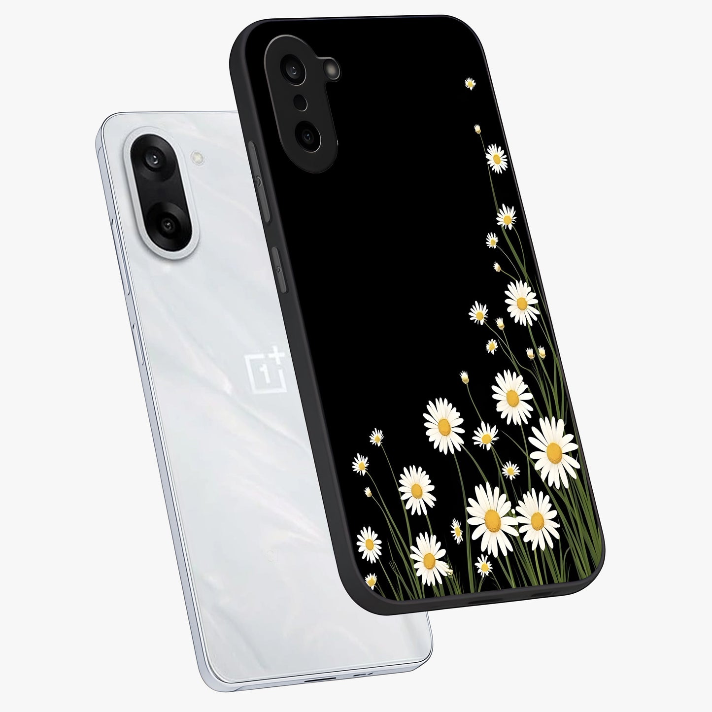 Daisy Cascade on Black Glass Case for 1+Nord CE 5 angled mockup showcasing glossy finish and bold floral contrast