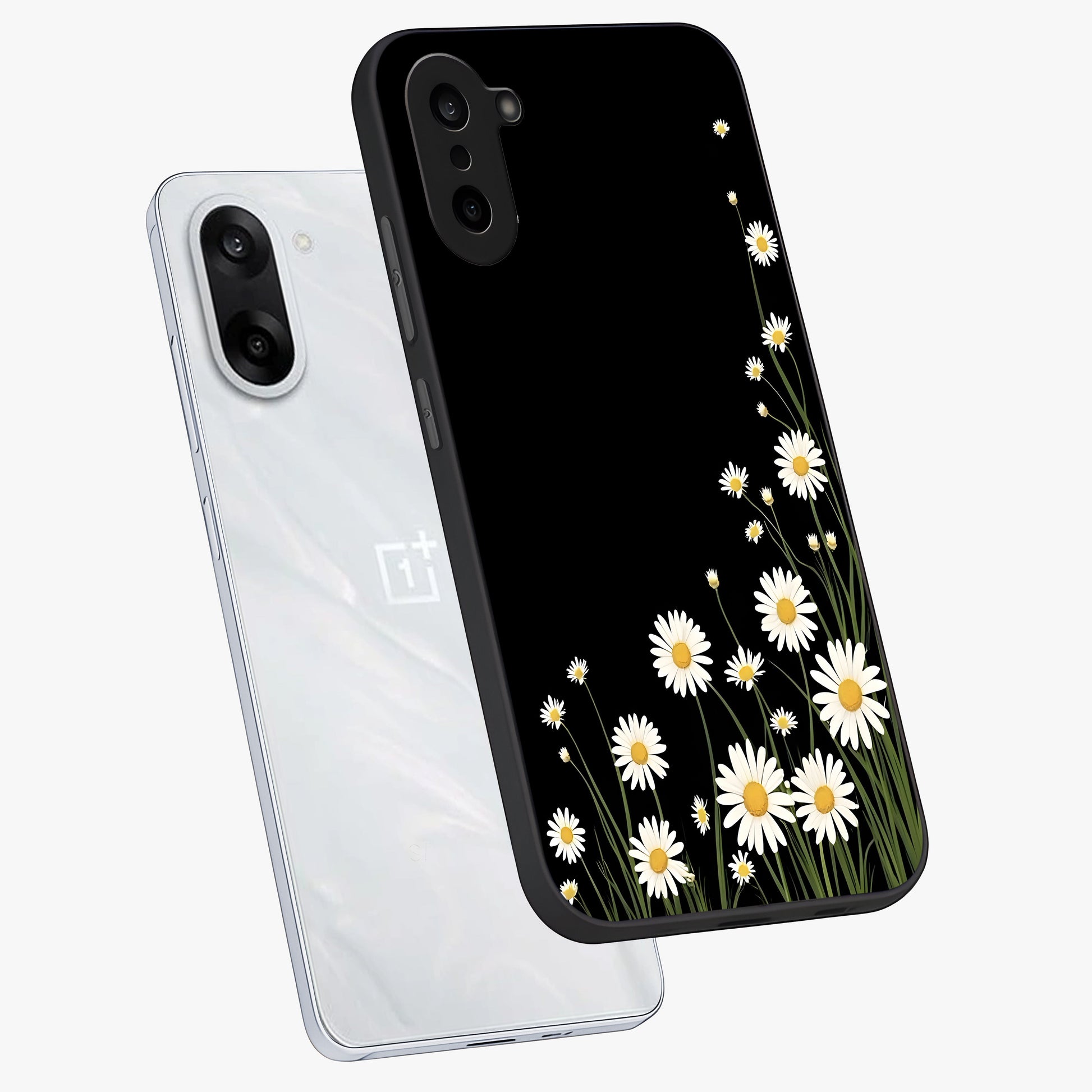 Daisy Cascade on Black Glass Case for 1+Nord CE 5 angled mockup showcasing glossy finish and bold floral contrast