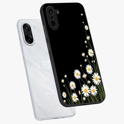 Daisy Cascade on Black Glass Case for 1+Nord CE 5 angled mockup showcasing glossy finish and bold floral contrast