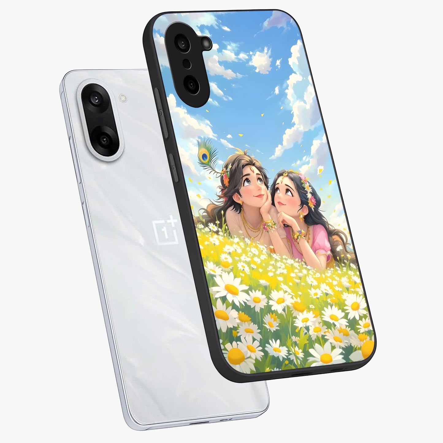 Daisy Daydream Love Glass Case for 1+Nord CE 5 angled mockup showcasing glossy finish and pastel bloom tones