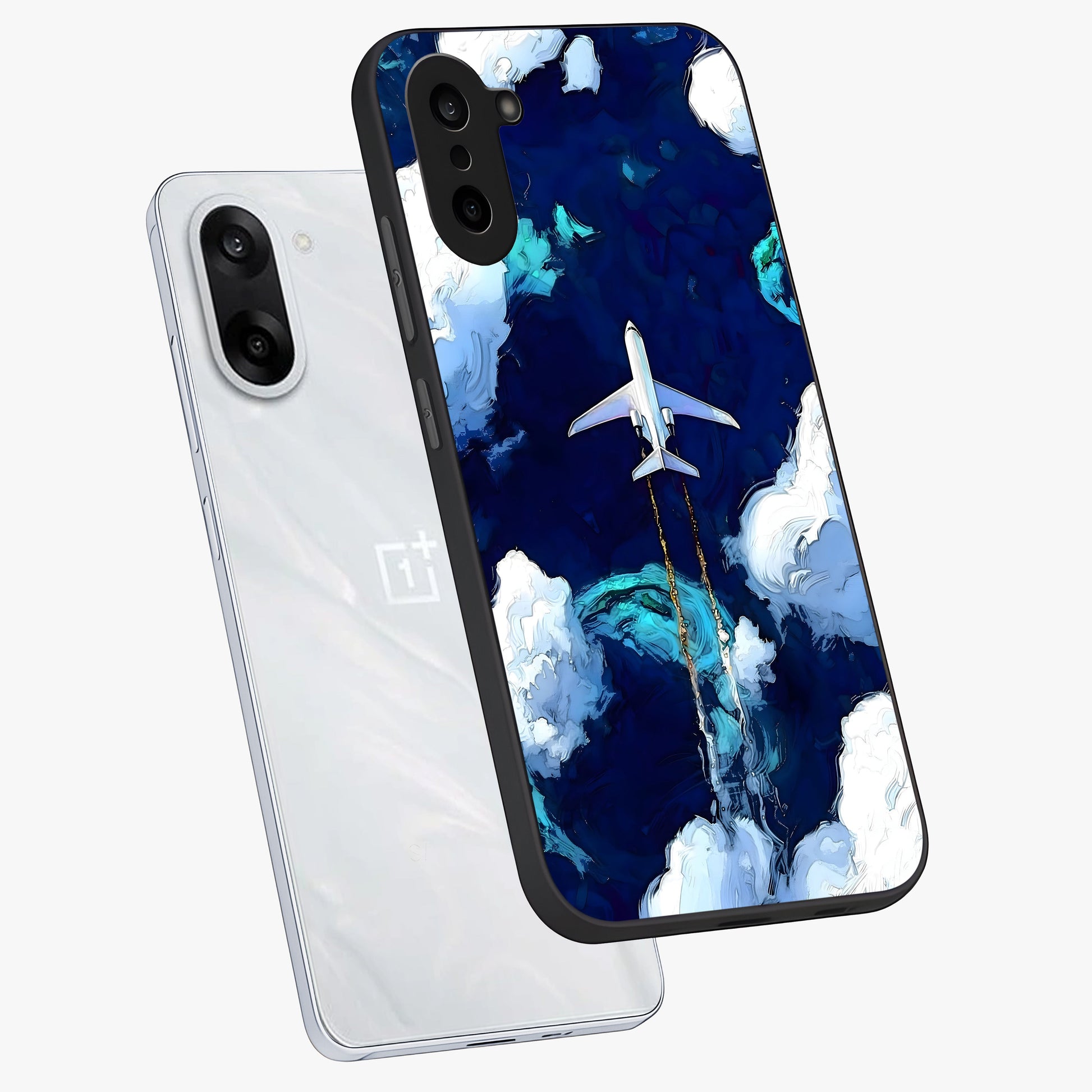 Dark Airplane Glass Case for 1+Nord CE 5 angled mockup showcasing glossy finish and dramatic sky tones