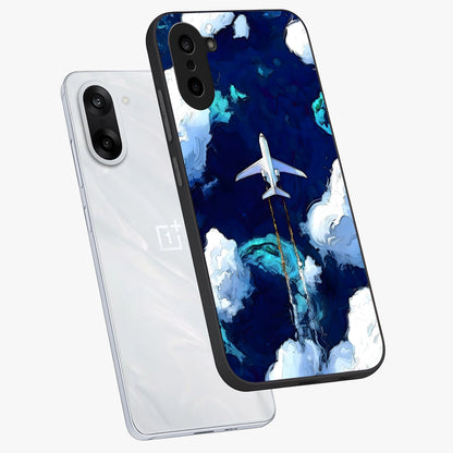 Dark Airplane Glass Case for 1+Nord CE 5 angled mockup showcasing glossy finish and dramatic sky tones