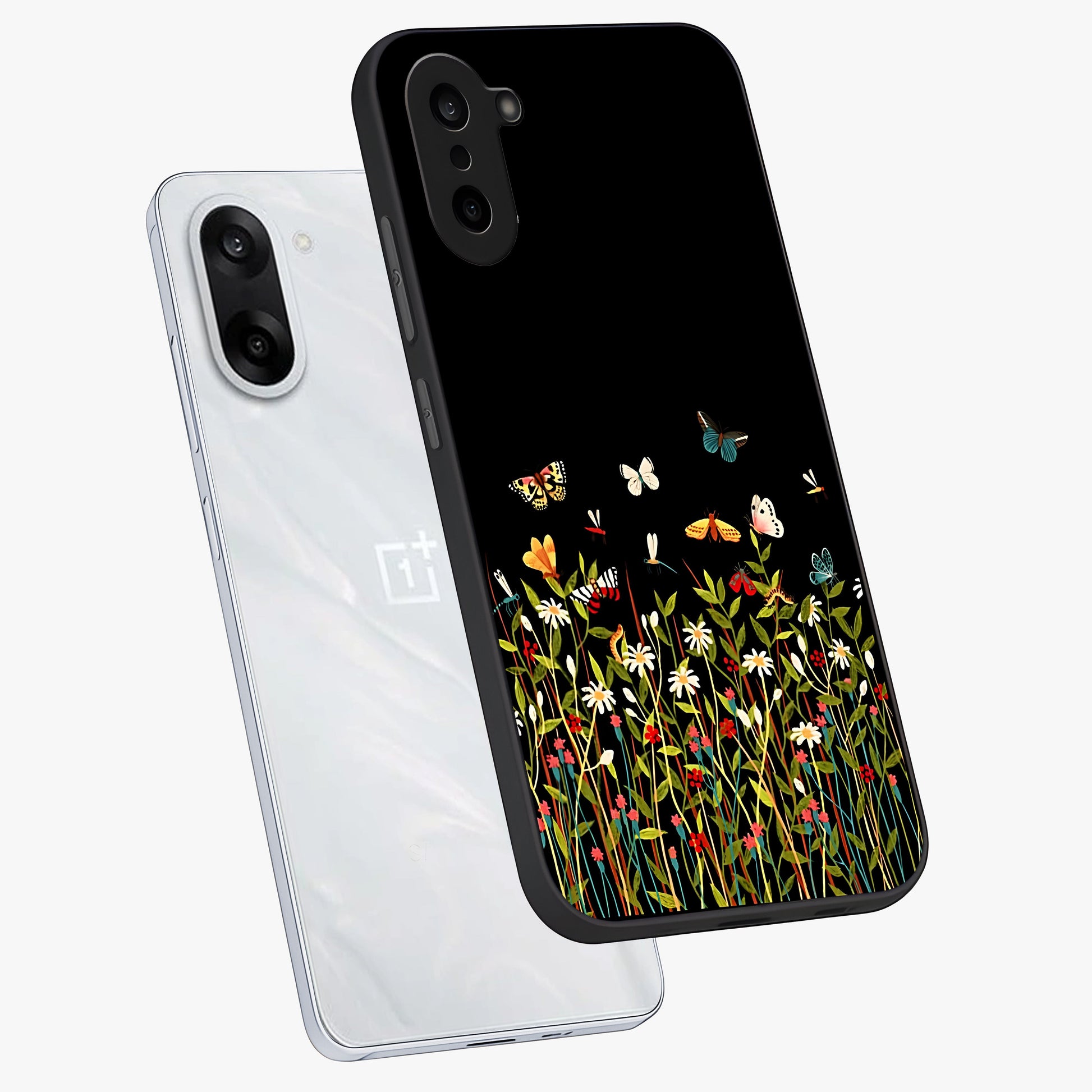 Dark Bloom Wonderland Custom Name Glass Case for 1+Nord CE 5 angled mockup showcasing glossy finish and rich bloom textures