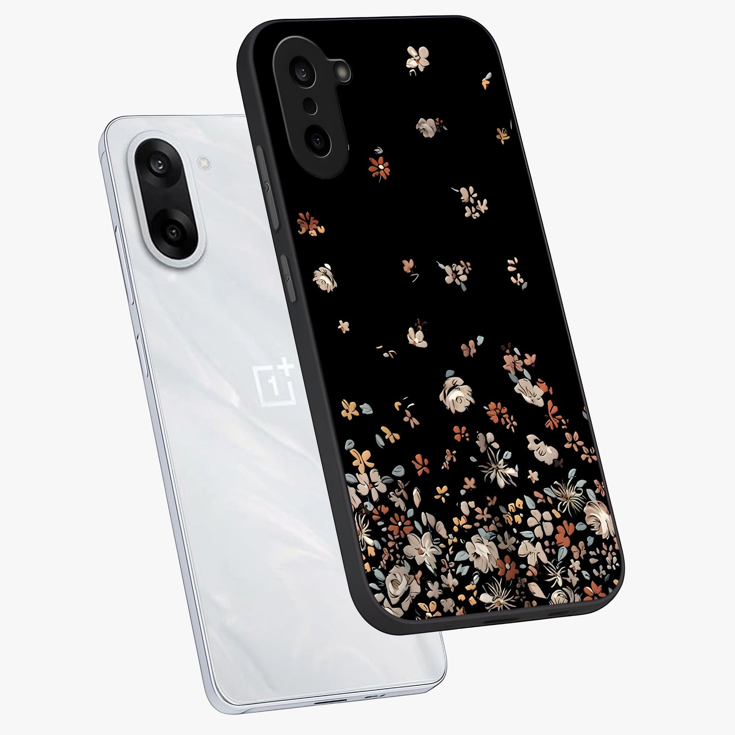 Dark Petal Aesthetic Glass Case for 1+Nord CE 5 angled mockup showcasing glossy finish and dramatic petal detailing