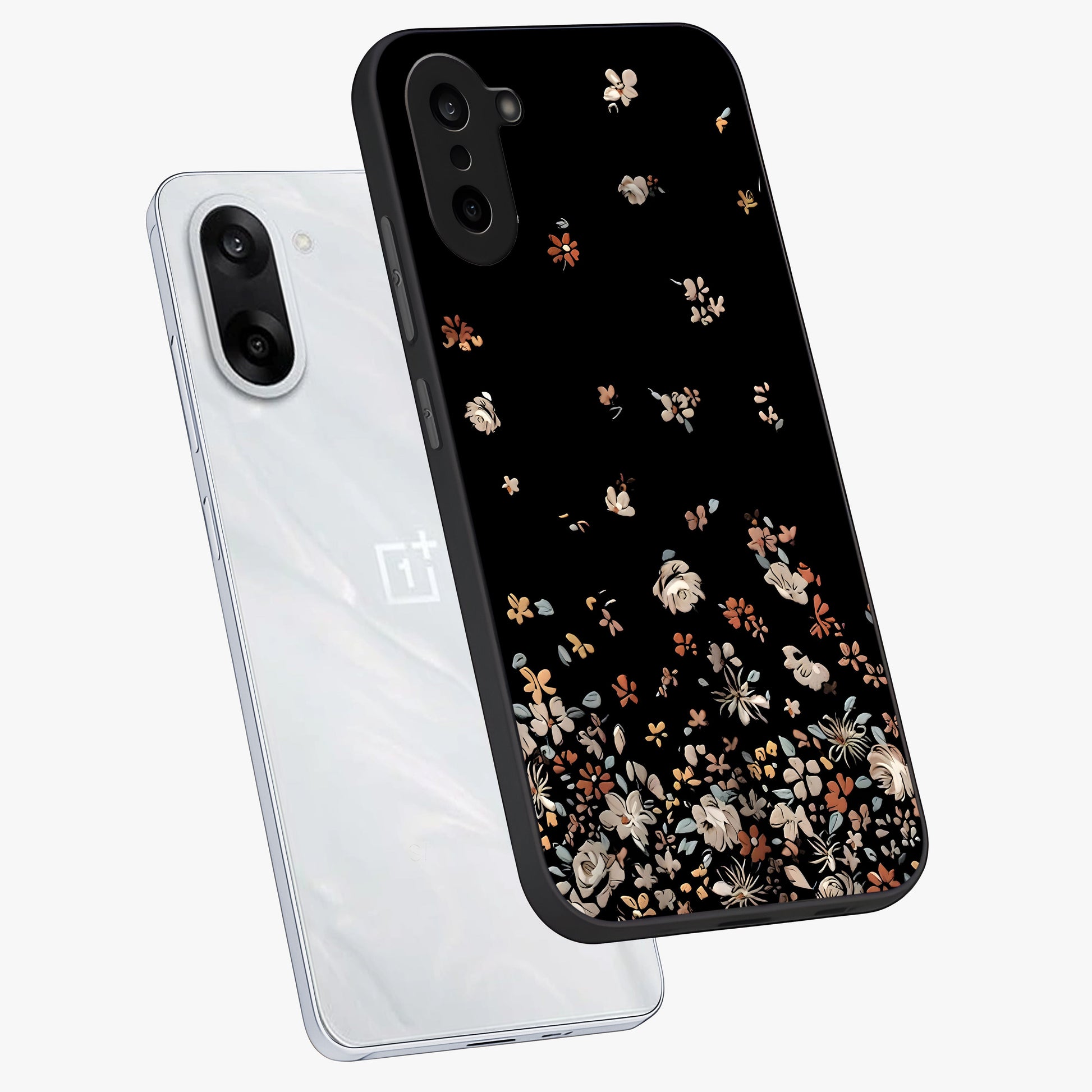 Dark Petal Aesthetic Glass Case for 1+Nord CE 5 angled mockup showcasing glossy finish and dramatic petal detailing