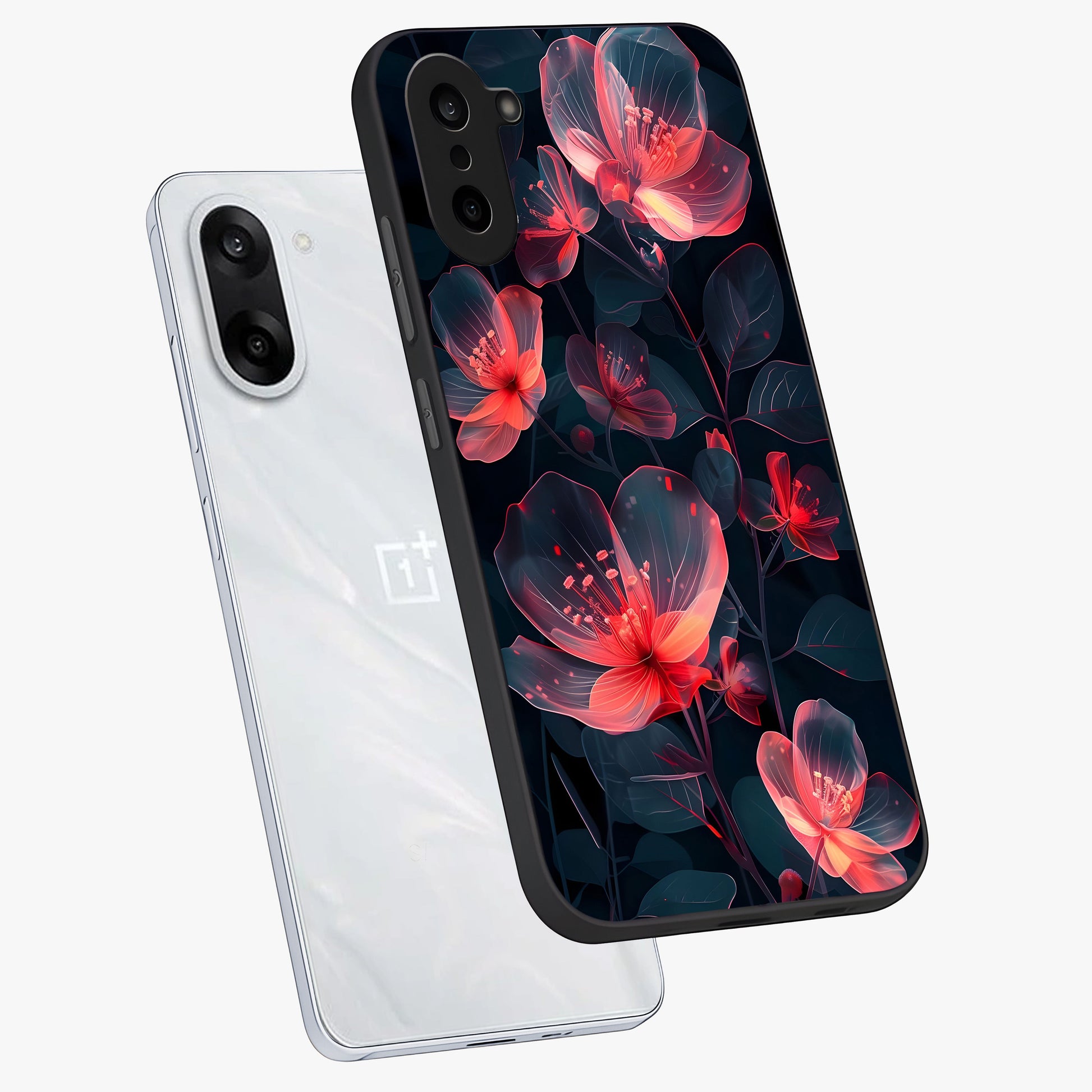 Dark Shade of Flower Glass Case for 1+Nord CE 5 angled mockup showcasing glossy finish and bold contrast detailing
