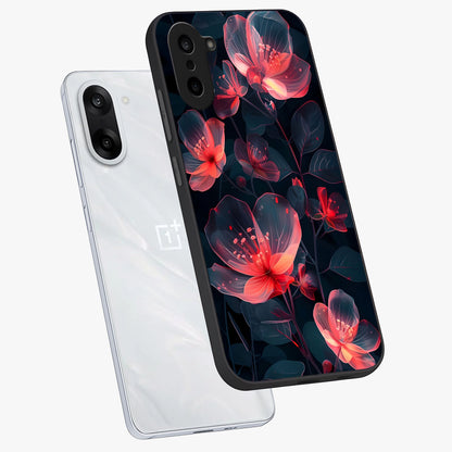 Dark Shade of Flower Glass Case for 1+Nord CE 5 angled mockup showcasing glossy finish and bold contrast detailing