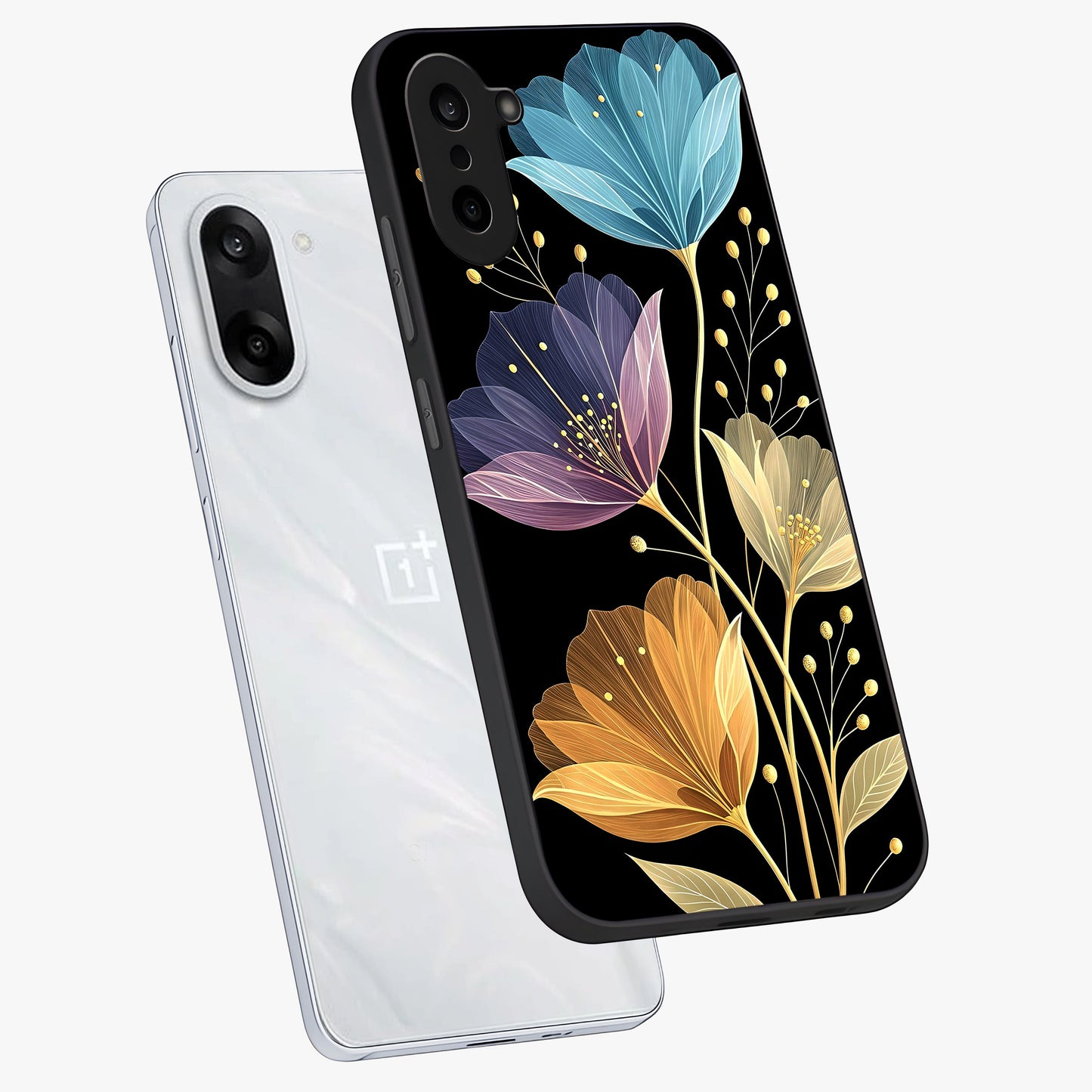 Delicate Multicolor Flowers Glass Case for 1+Nord CE 5 angled mockup showcasing glossy finish and pastel bloom detailing