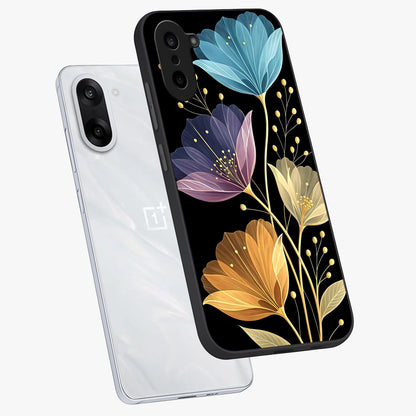 Delicate Multicolor Flowers Glass Case for 1+Nord CE 5 angled mockup showcasing glossy finish and pastel bloom detailing