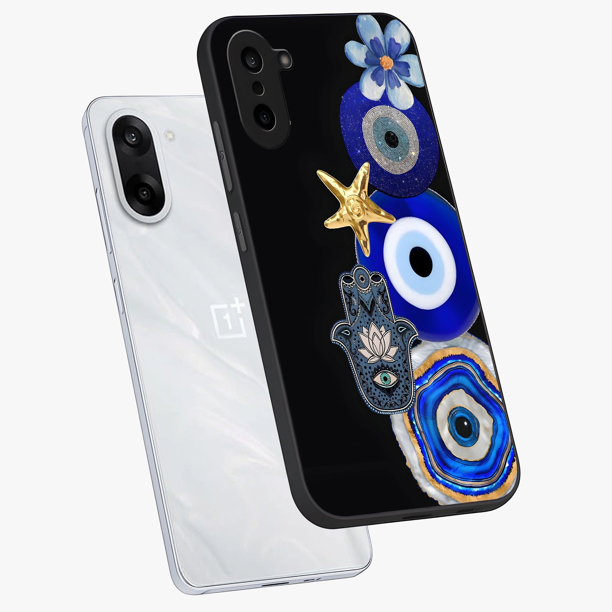 Divine Eye Bloom Glass Case for 1+Nord CE 5 angled mockup showcasing glossy finish and vibrant protective detailing