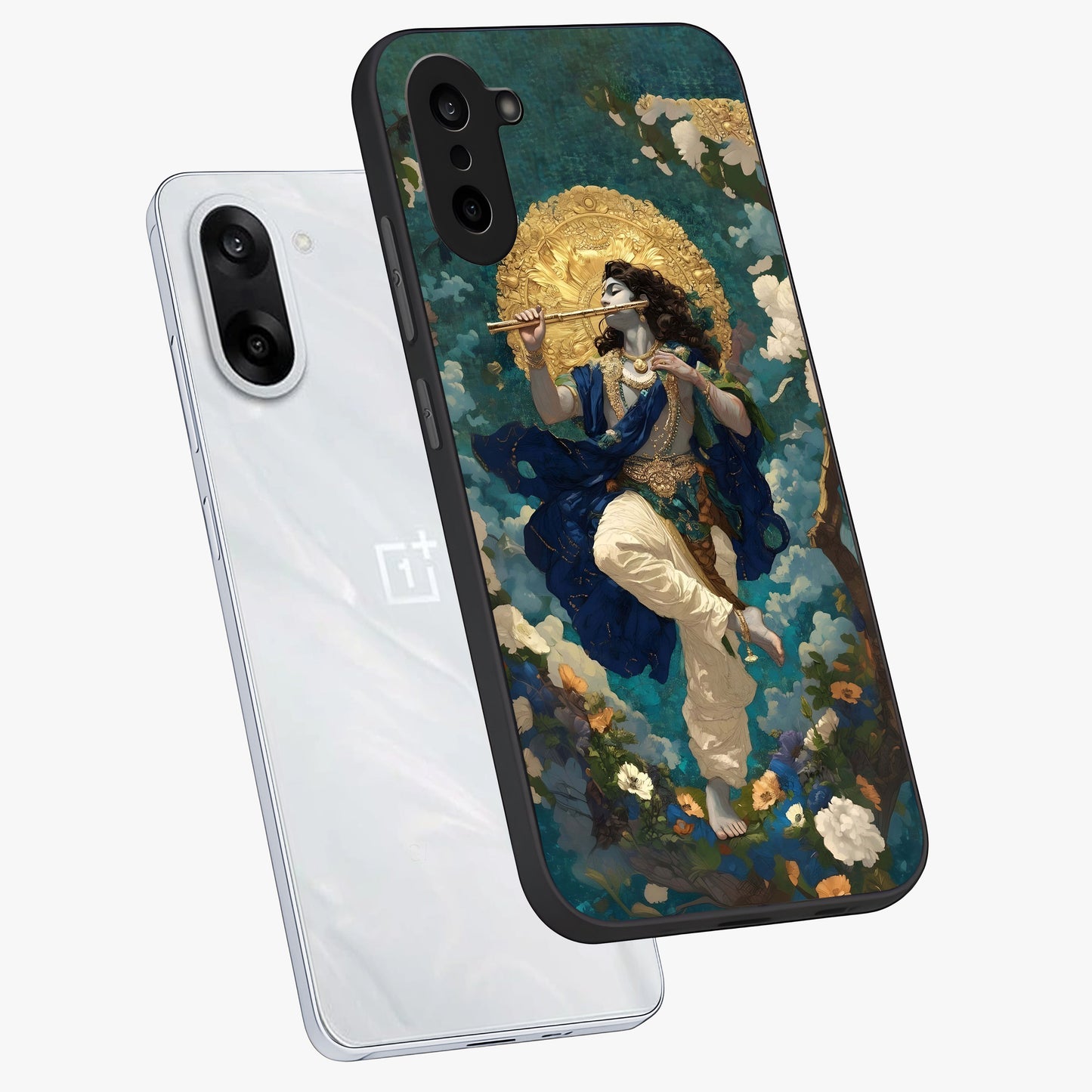 Divine Krishna Art Glass Case for 1+Nord CE 5 angled mockup showcasing glossy finish and vibrant spiritual tones