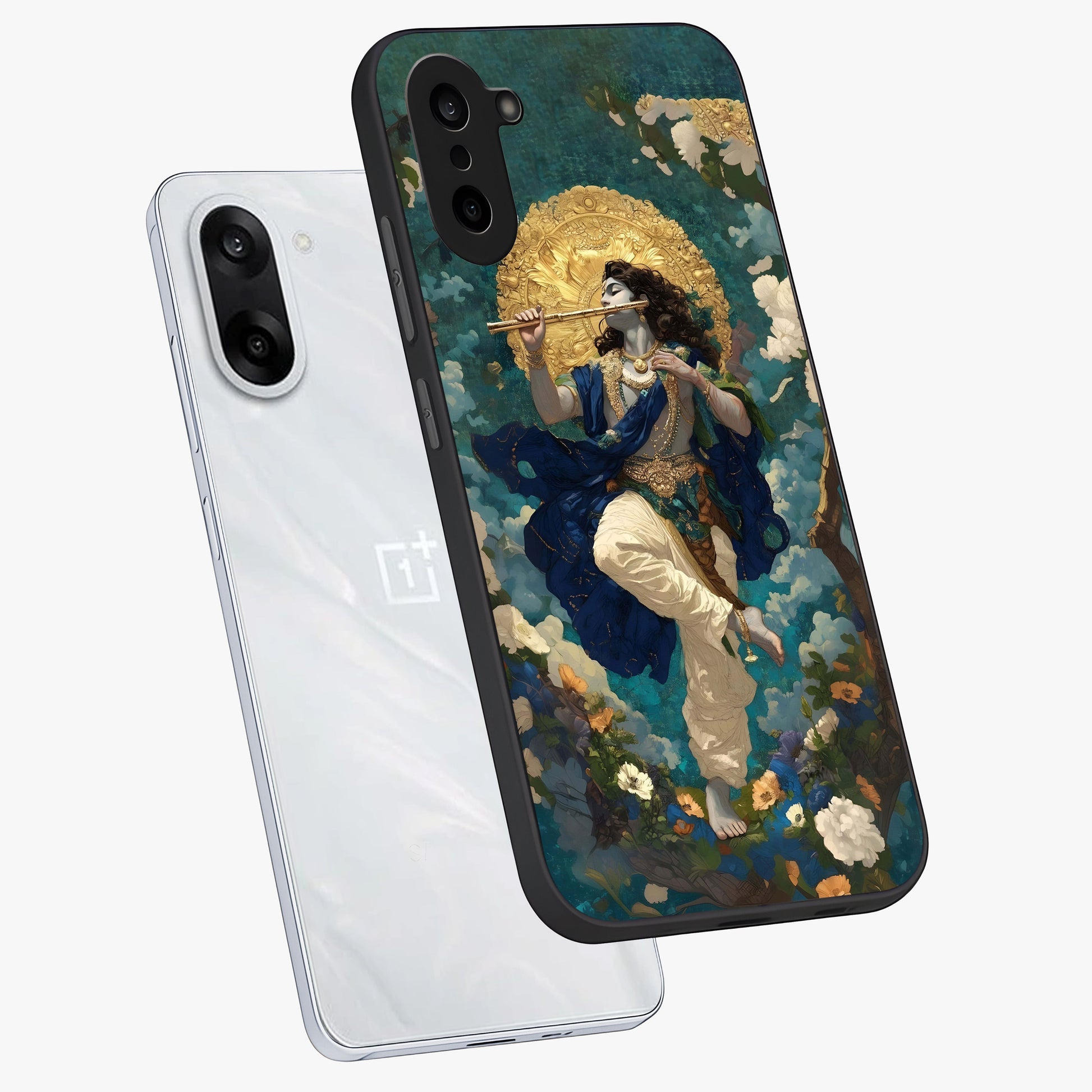 Divine Krishna Art Glass Case for 1+Nord CE 5 angled mockup showcasing glossy finish and vibrant spiritual tones
