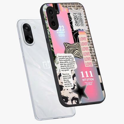 Divine Love Vibes Glass Case for 1+Nord CE 5 angled mockup showcasing glossy finish and warm aesthetic tones