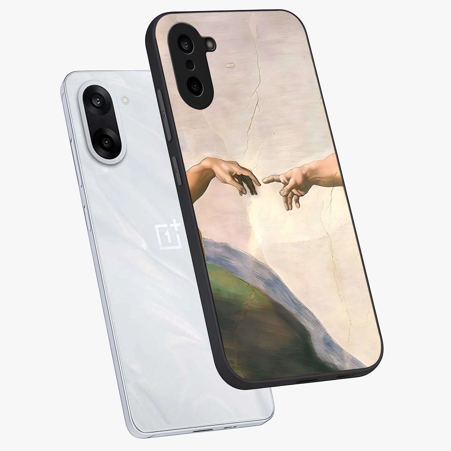 Divine Touch Art Glass Case for 1+Nord CE 5 angled mockup showcasing glossy finish and refined design textures