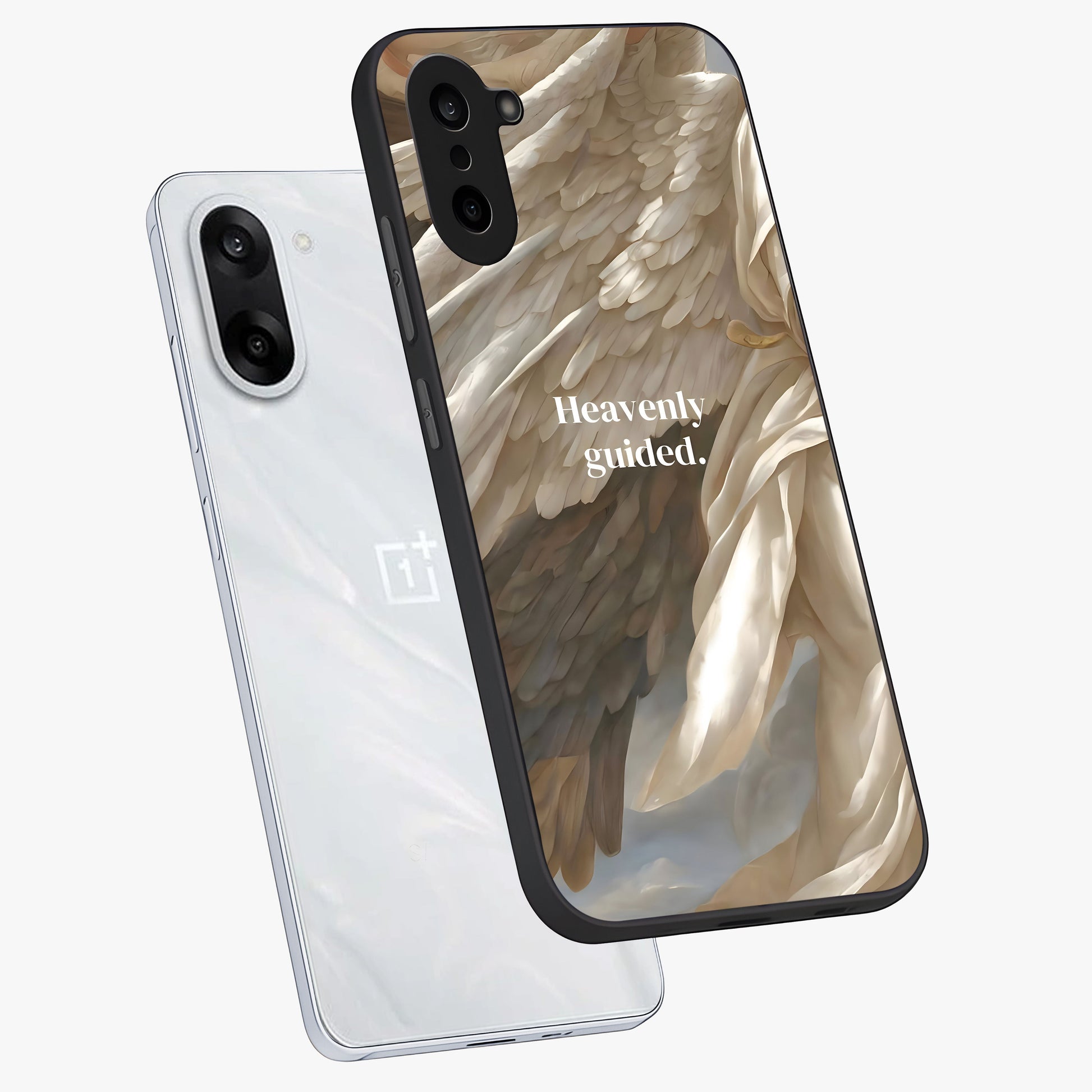 Divine Winged Grace Glass Case for 1+Nord CE 5 angled mockup showcasing glossy finish and elegant design tones