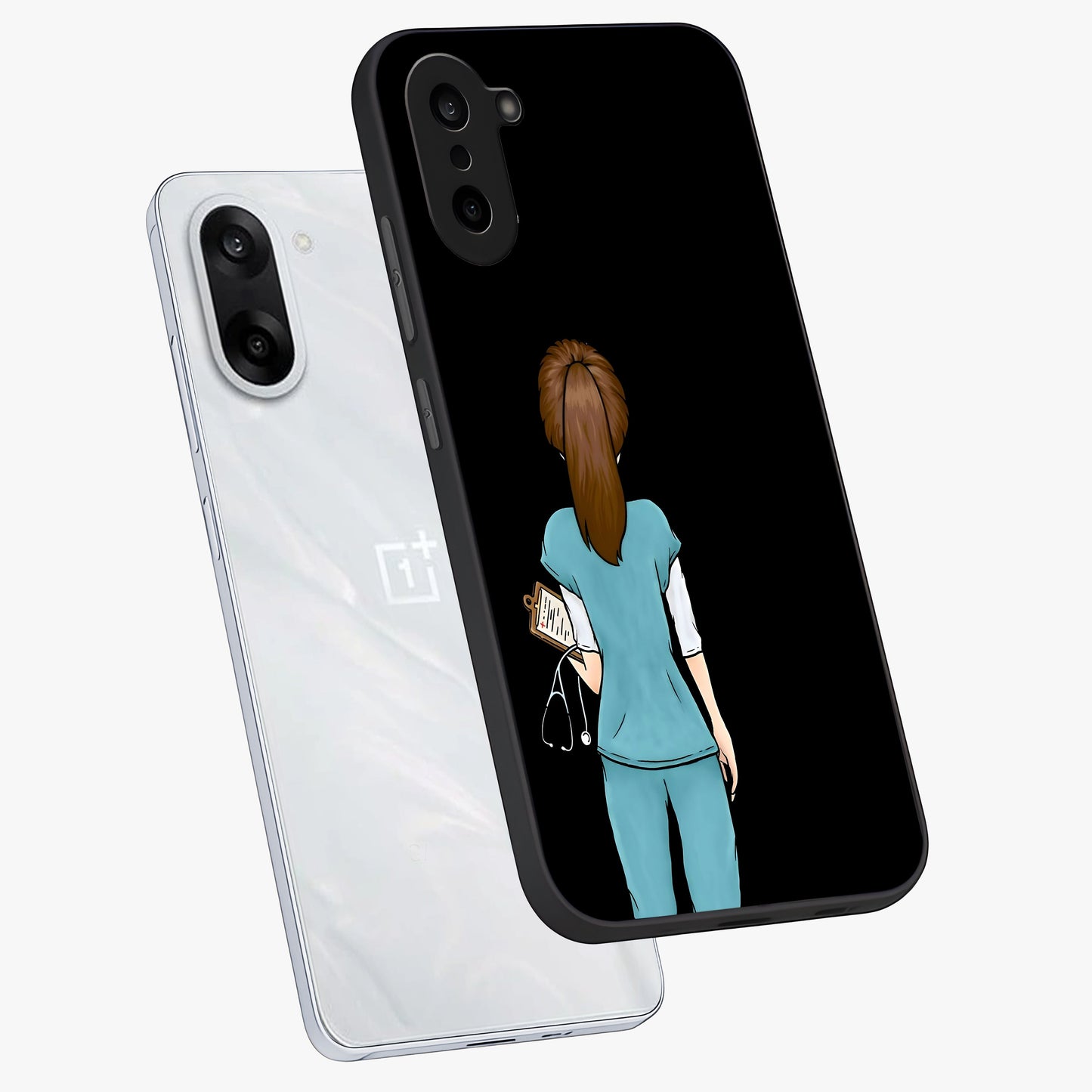 Doctor Pattern Custom Name Glass Case for 1+Nord CE 5 angled mockup showcasing glossy finish and detailed pattern elements