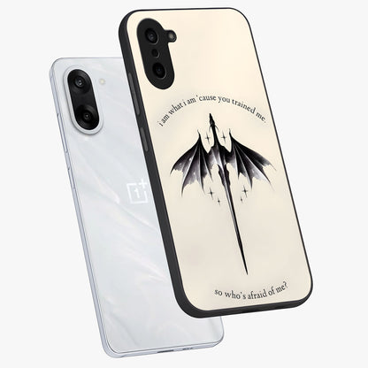 Dragon Quote Art Glass Case for 1+Nord CE 5 angled mockup showcasing glossy finish and powerful fantasy detailing