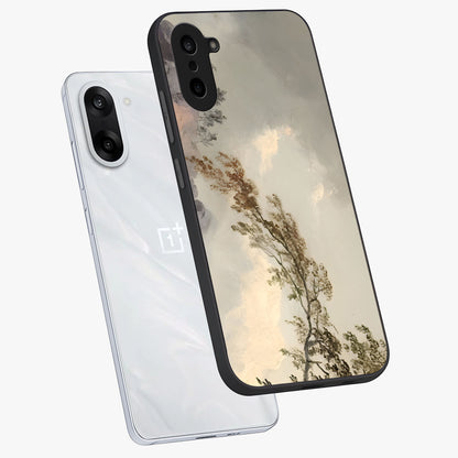Dreamlike Wind Field Glass Case for 1+Nord CE 5 angled mockup showcasing glossy glass finish and dreamy landscape detailing