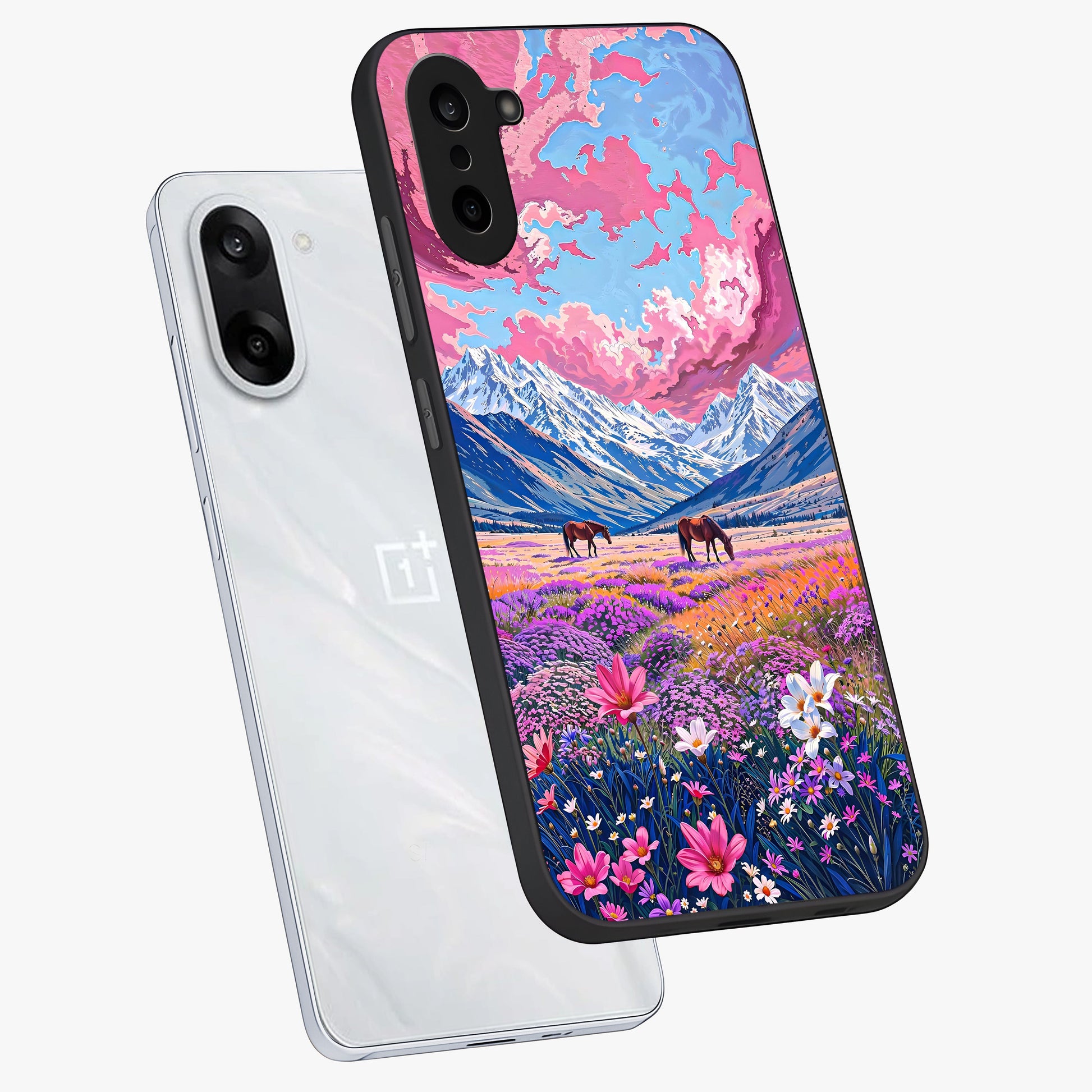Dreamy Floral Pastures Glass Case for 1+Nord CE 5 angled mockup showcasing glossy finish and gentle bloom textures