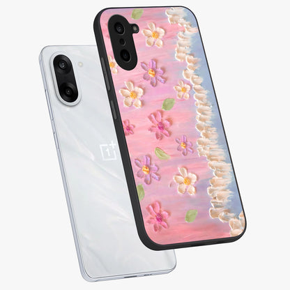 Dreamy Painted Garden Glass Case for 1+Nord CE 5 angled mockup showcasing glossy finish and vibrant brushstroke textures