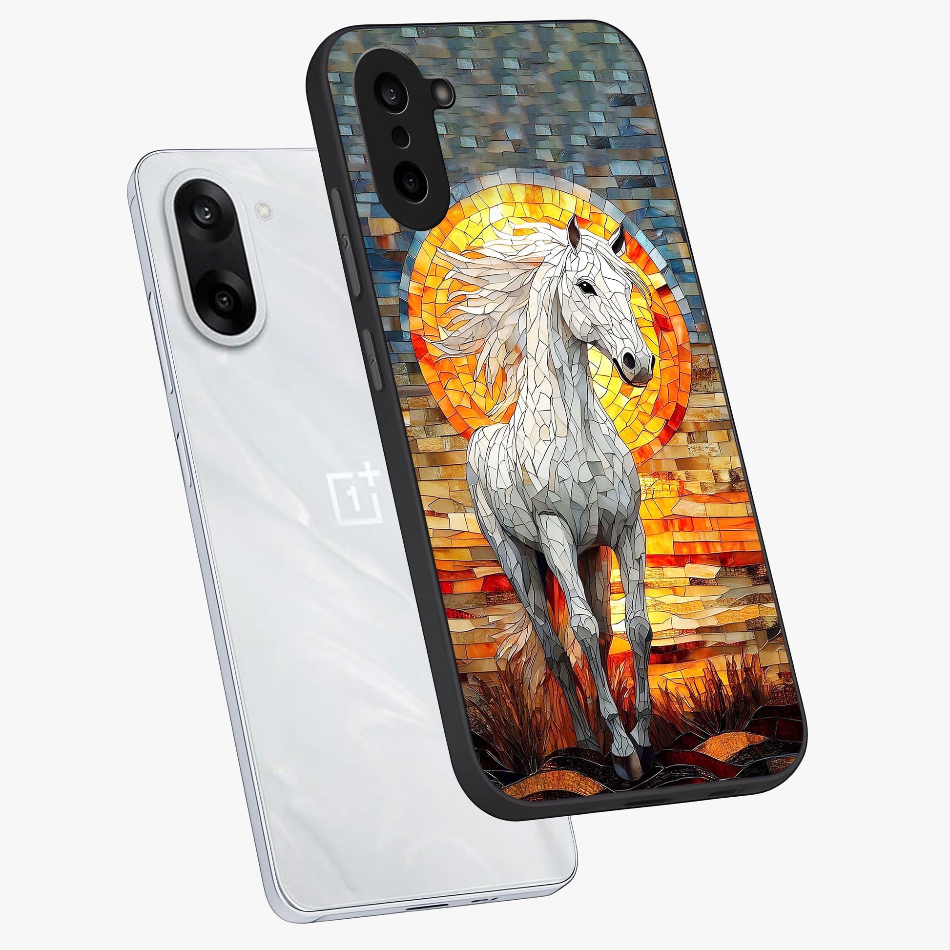 Elected Horse Glass Case for 1+Nord CE 5 angled mockup showcasing glossy finish and dynamic equestrian detailing
