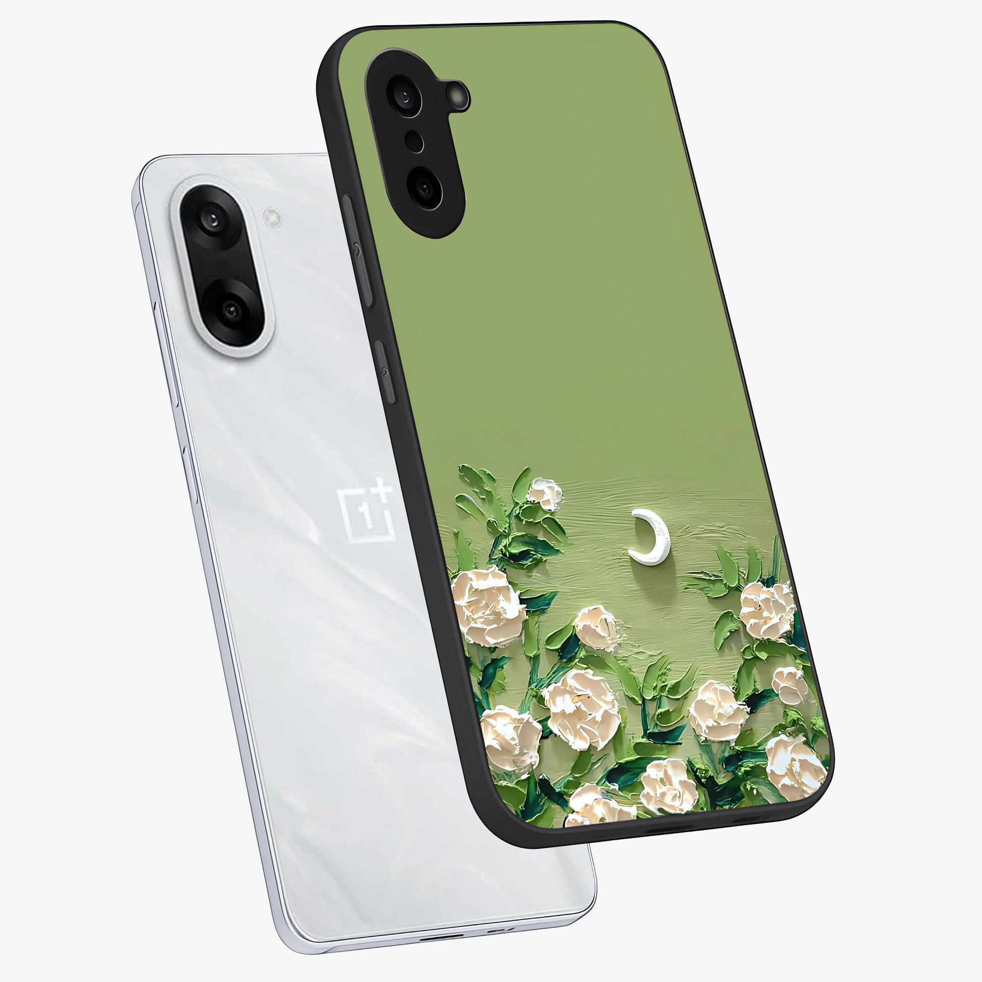 Emerald Bloom Calm Glass Case for 1+Nord CE 5 angled mockup showcasing glossy finish and rich green tones